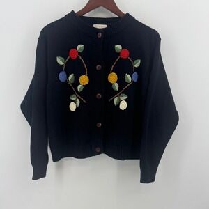 Nicolucchi Vintage Black Embroidered Berry Floral Cardigan Sweater Womens M/L